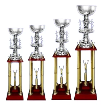 Trofeos de columnas · plateado y rojo. Cuatro alturas.